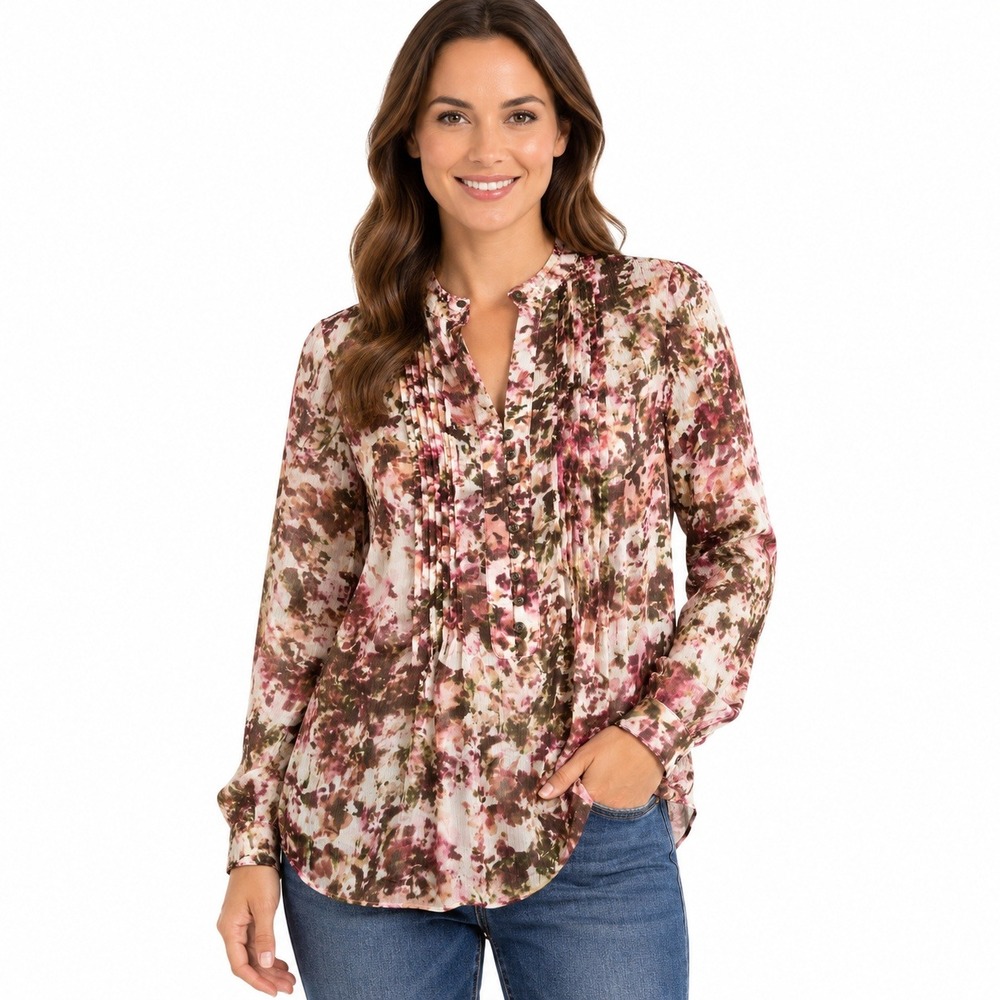 Coldwater Creek Blouse Womens XS Pink Brown Abstract Floral Pintuck Button Top